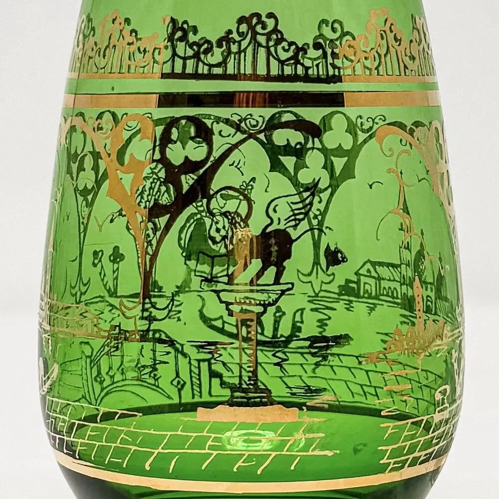 Vintage Bohemian Green Glass Vase Gold Enamel Courting Scene Czech
